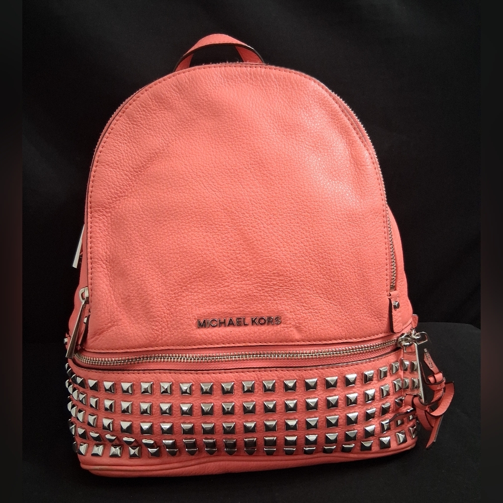 Michael Kors Light Fuchsia Pink Pebbled Leather Rhea Medium Studded Backpack